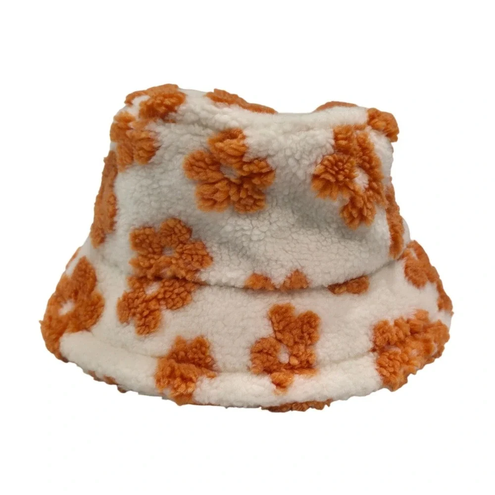 Fuzzy Bucket Hat Orange Floral White‎ Plush Sherpa Winter Warm